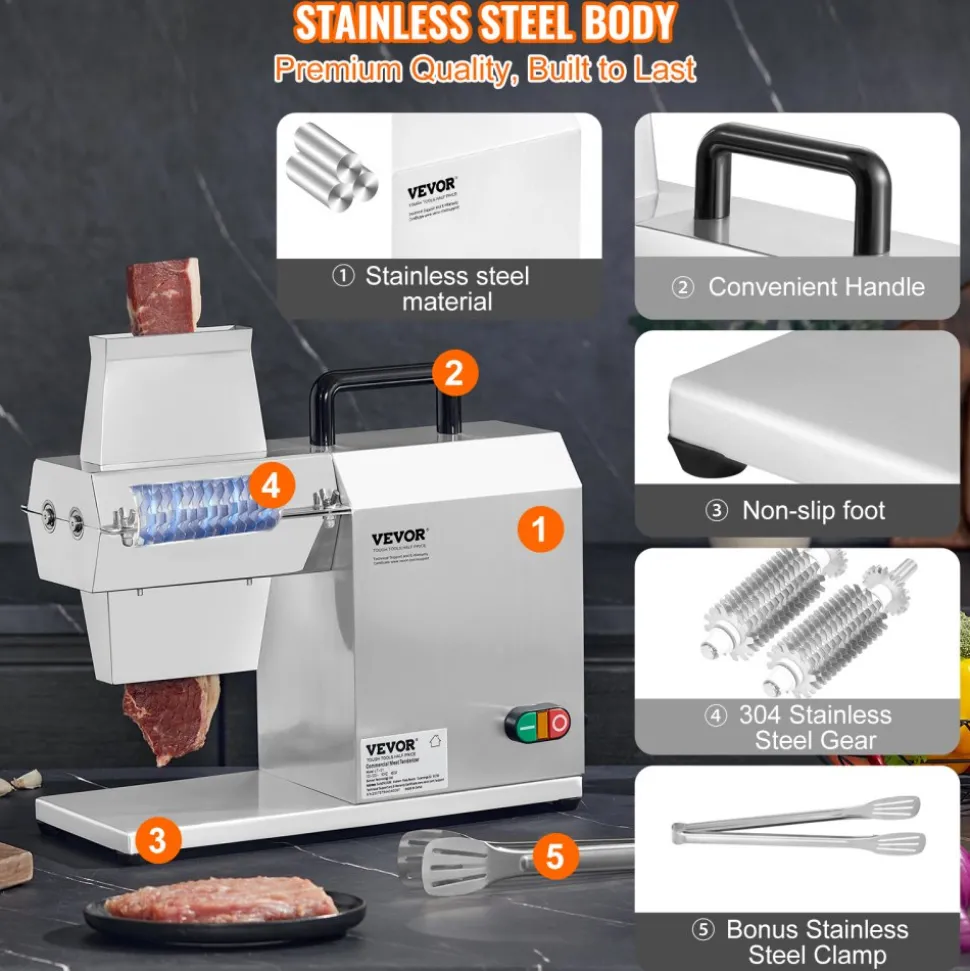VEVOR Commercial Meat Tenderizer, Heavy Duty Stainless Steel Kitchen Tool with Handle, Meat Tong, and Cleaning Brush, 450W Electric Meat Tenderizer Machine for Beef, Turkey, Chicken, Pork, and Fish