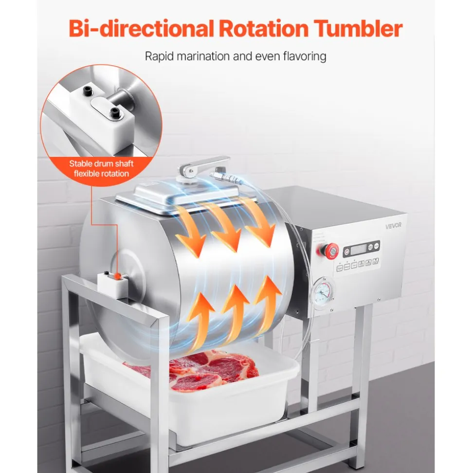 VEVOR Commercial Meat Tumbler Marinator, 40L Vacuum Tumbler Marinating Machine with Bidirectional Rotation and 3-Speed, Stainless Steel Vacuum Curing Machine for Chicken Pork Fish, Steak House