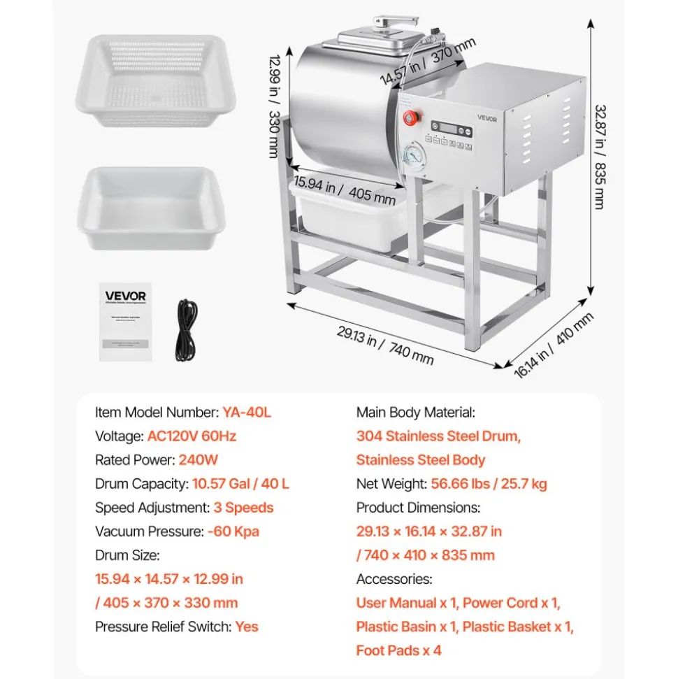 VEVOR Commercial Meat Tumbler Marinator, 40L Vacuum Tumbler Marinating Machine with Bidirectional Rotation and 3-Speed, Stainless Steel Vacuum Curing Machine for Chicken Pork Fish, Steak House
