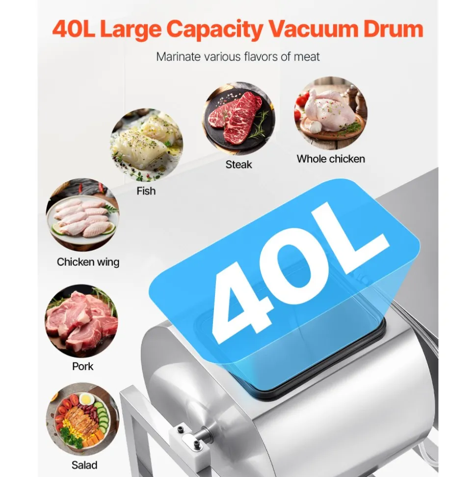 VEVOR Commercial Meat Tumbler Marinator, 40L Vacuum Tumbler Marinating Machine with Bidirectional Rotation and 3-Speed, Stainless Steel Vacuum Curing Machine for Chicken Pork Fish, Steak House