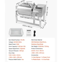 VEVOR Commercial Meat Tumbler Marinator, 20L Vacuum Tumbler Marinating Machine with Bidirectional Rotation and 3-Speed, Stainless Steel Vacuum Curing Machine for Chicken Steak Pork, Restaurant