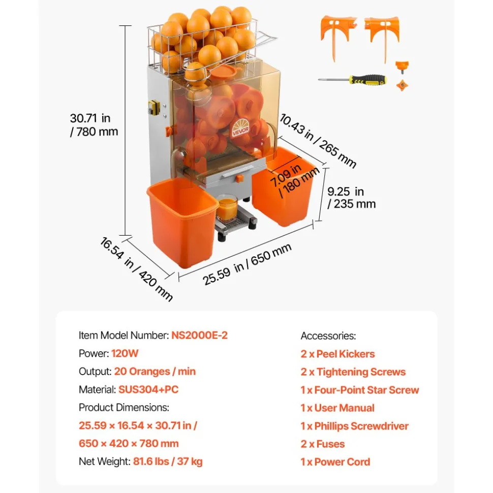 VEVOR Commercial Orange Juicer Machine, 120W Electric Orange Juice Press, Stainless Steel Orange Squeezer for 20 per Minute, Lemon Citrus Pomegranates Extractor with Peels Collecting Bucket