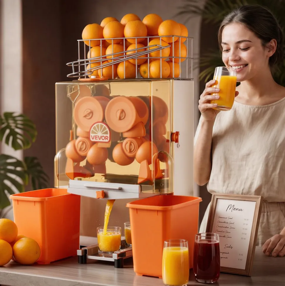 VEVOR Commercial Orange Juicer Machine, 120W Electric Orange Juice Press, Stainless Steel Orange Squeezer for 20 per Minute, Lemon Citrus Pomegranates Extractor with Peels Collecting Bucket