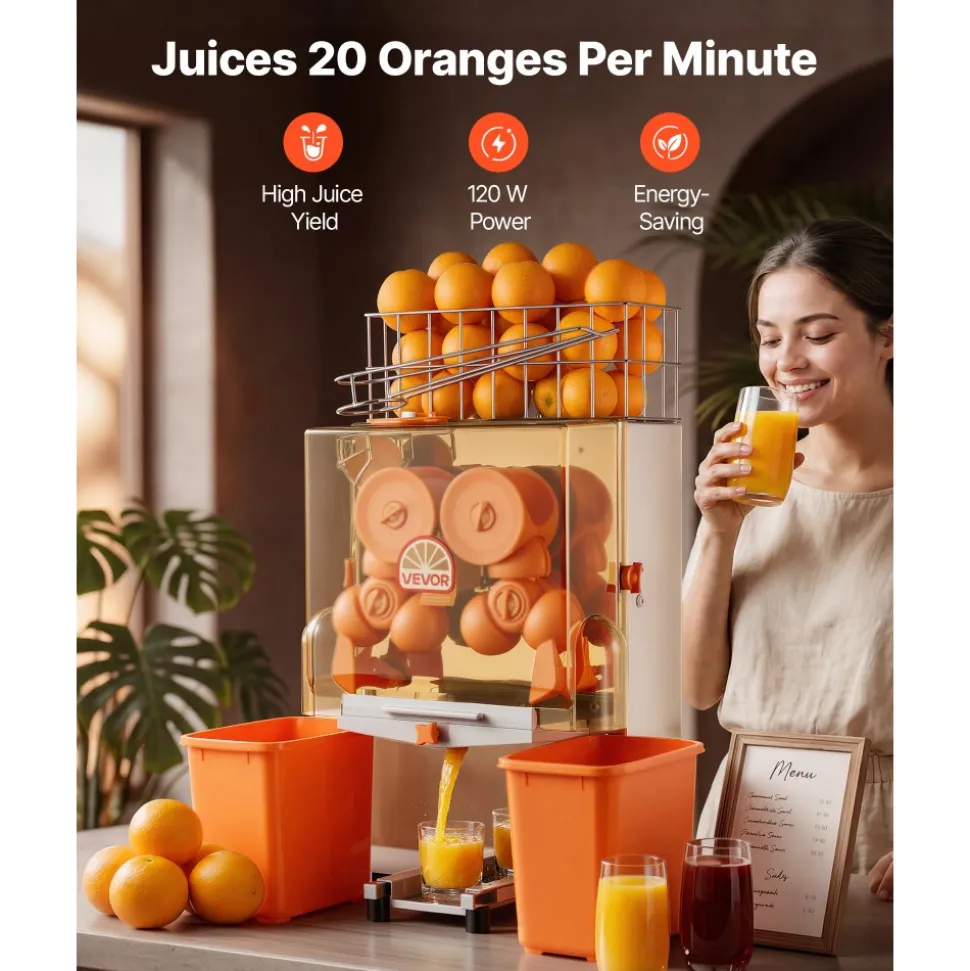 VEVOR Commercial Orange Juicer Machine, 120W Electric Orange Juice Press, Stainless Steel Orange Squeezer for 20 per Minute, Lemon Citrus Pomegranates Extractor with Peels Collecting Bucket