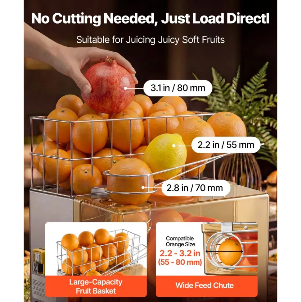 VEVOR Commercial Orange Juicer Machine, 120W Electric Orange Juice Press, Stainless Steel Orange Squeezer for 20 per Minute, Lemon Citrus Pomegranates Extractor with Peels Collecting Bucket