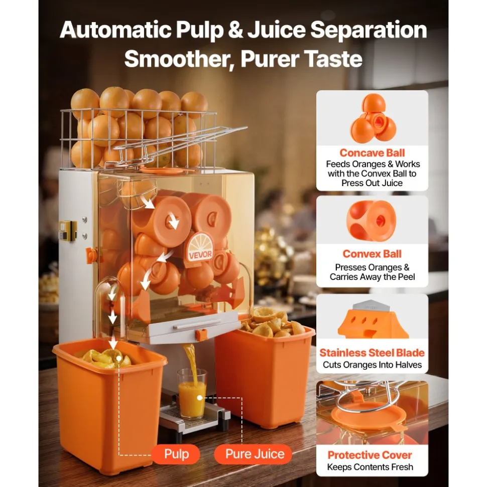 VEVOR Commercial Orange Juicer Machine, 120W Electric Orange Juice Press, Stainless Steel Orange Squeezer for 20 per Minute, Lemon Citrus Pomegranates Extractor with Peels Collecting Bucket