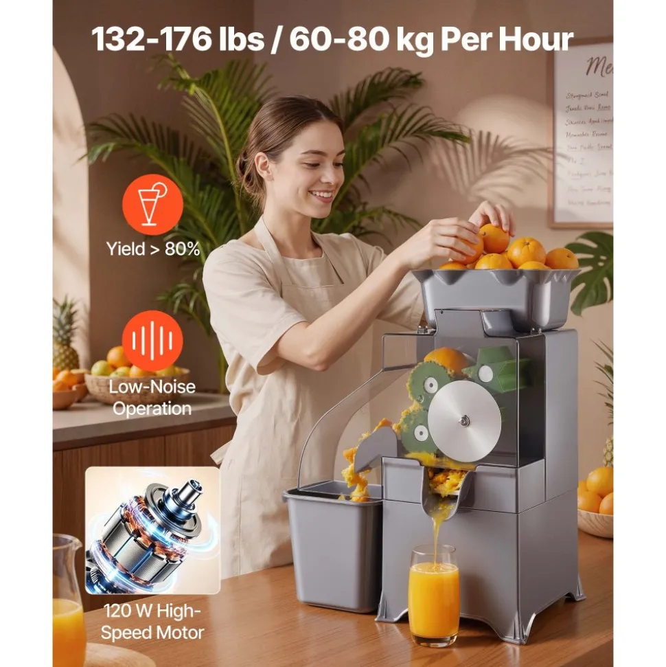 VEVOR Commercial Orange Juicer Machine, Slow Masticating Juicer Extractor, 100W Electric Orange Juice Squeezer, Lemon Citrus Pomegranates Extractor, with Peel Collecting Bucket and PC Cover