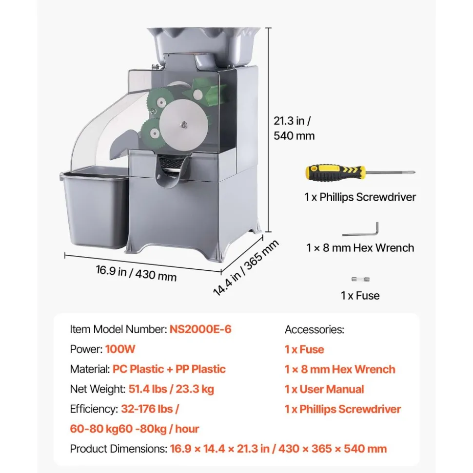 VEVOR Commercial Orange Juicer Machine, Slow Masticating Juicer Extractor, 100W Electric Orange Juice Squeezer, Lemon Citrus Pomegranates Extractor, with Peel Collecting Bucket and PC Cover