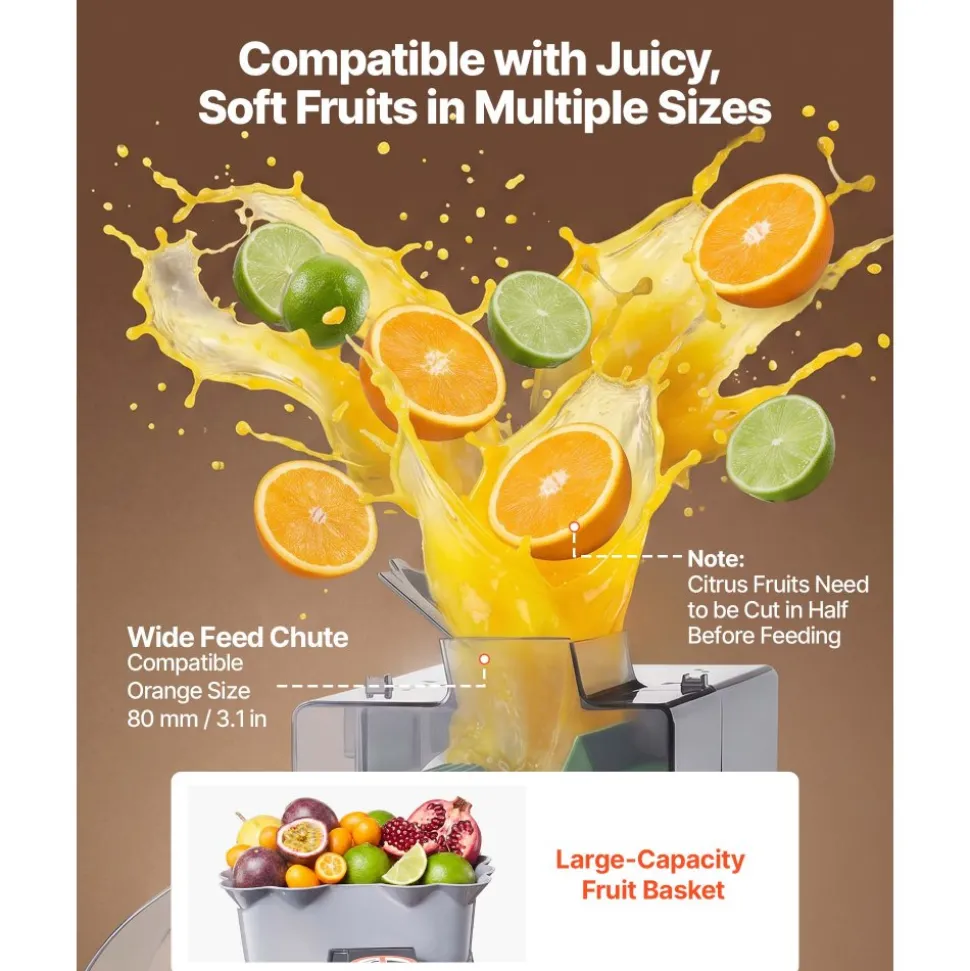 VEVOR Commercial Orange Juicer Machine, Slow Masticating Juicer Extractor, 100W Electric Orange Juice Squeezer, Lemon Citrus Pomegranates Extractor, with Peel Collecting Bucket and PC Cover