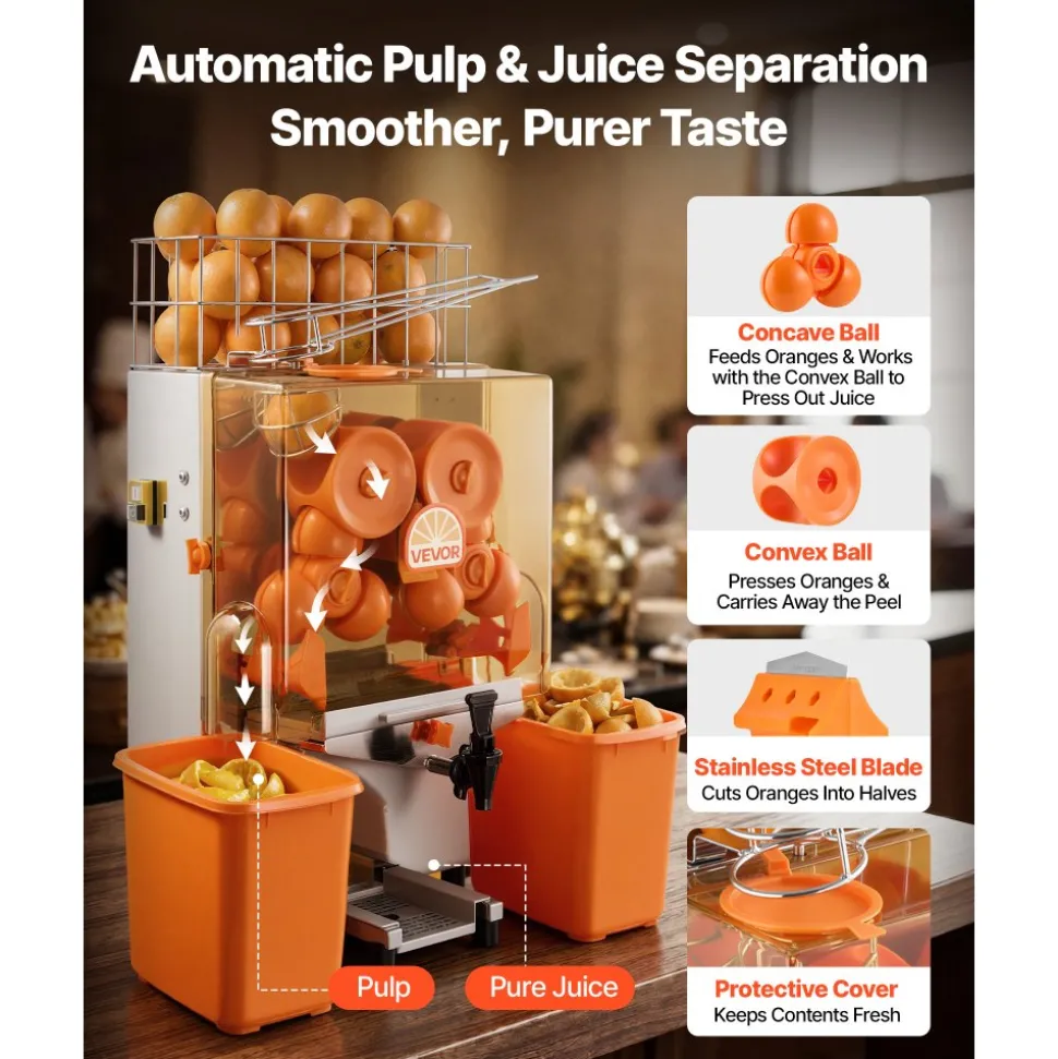 VEVOR Commercial Orange Juicer Machine, 120W Electric Orange Juice Press, Stainless Steel Orange Squeezer for 20 per Minute, Lemon Citrus Pomegranates Extractor with Water Tap, Peels Collecting Bucket