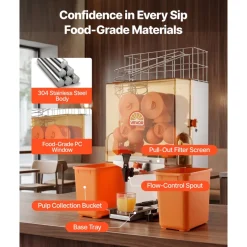 VEVOR Commercial Orange Juicer Machine, 120W Electric Orange Juice Press, Stainless Steel Orange Squeezer for 20 per Minute, Lemon Citrus Pomegranates Extractor with Water Tap, Peels Collecting Bucket