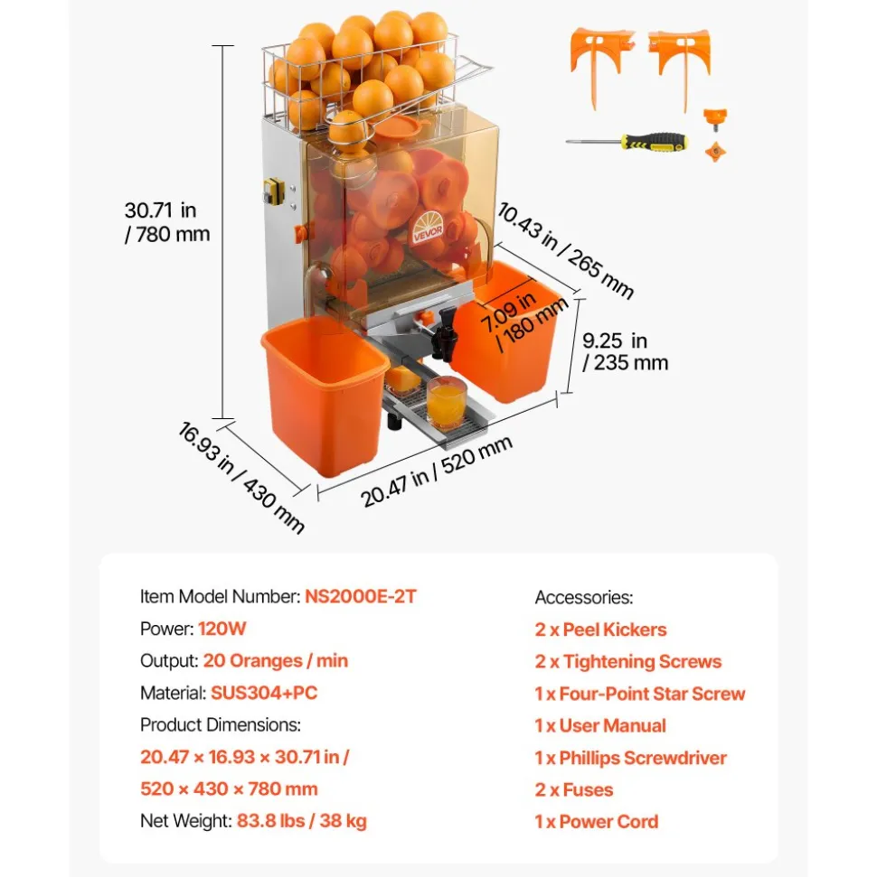 VEVOR Commercial Orange Juicer Machine, 120W Electric Orange Juice Press, Stainless Steel Orange Squeezer for 20 per Minute, Lemon Citrus Pomegranates Extractor with Water Tap, Peels Collecting Bucket