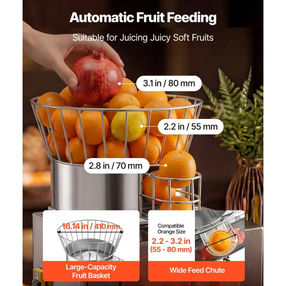 VEVOR Commercial Orange Juicer Machine, 120W Electric Automatic Orange Squeezer, Lemon Citrus Pomegranates Extractor for 20 per Minute, Stainless Steel, with Peel Collecting Bucket, PC Cover