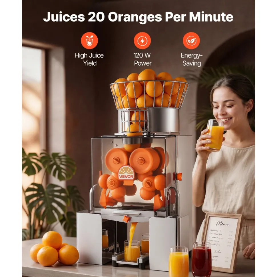 VEVOR Commercial Orange Juicer Machine, 120W Electric Automatic Orange Squeezer, Lemon Citrus Pomegranates Extractor for 20 per Minute, Stainless Steel, with Peel Collecting Bucket, PC Cover