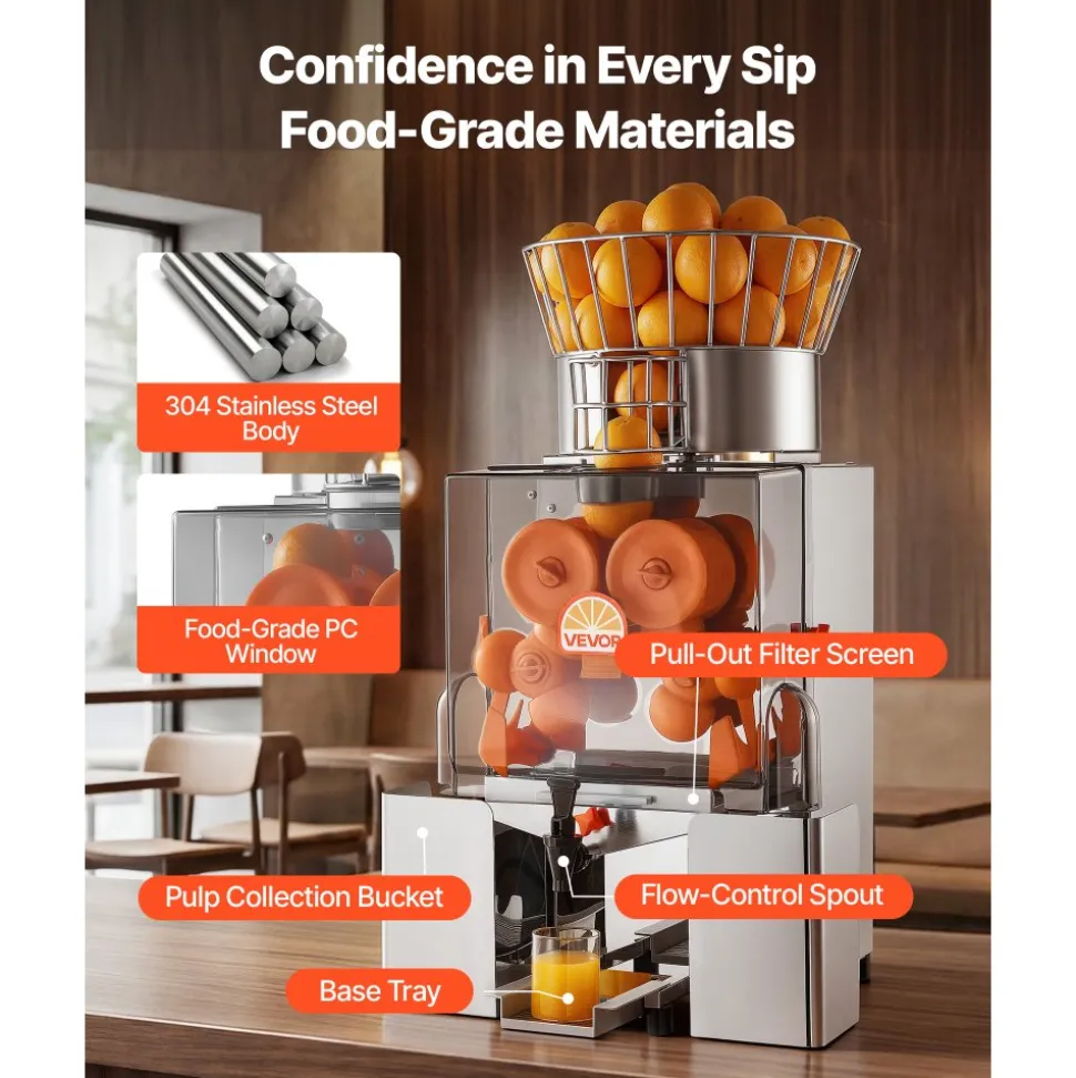 VEVOR Commercial Orange Juicer Machine, 120W Electric Automatic Orange Squeezer, Lemon Citrus Pomegranates Extractor for 20 per Minute, Stainless Steel, with Water Tap, Peels Collecting Bucket