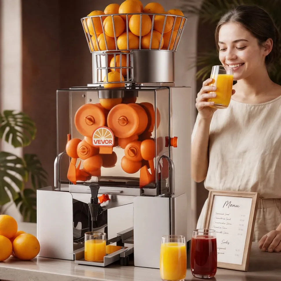 VEVOR Commercial Orange Juicer Machine, 120W Electric Automatic Orange Squeezer, Lemon Citrus Pomegranates Extractor for 20 per Minute, Stainless Steel, with Water Tap, Peels Collecting Bucket
