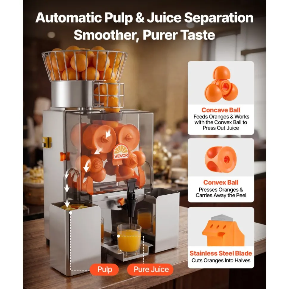 VEVOR Commercial Orange Juicer Machine, 120W Electric Automatic Orange Squeezer, Lemon Citrus Pomegranates Extractor for 20 per Minute, Stainless Steel, with Water Tap, Peels Collecting Bucket