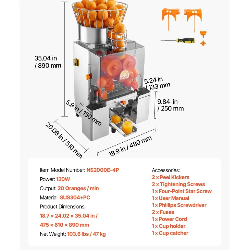VEVOR Commercial Orange Juicer Machine, 120W Electric Automatic Orange Squeezer, Lemon Citrus Pomegranates Extractor for 20 per Minute, Stainless Steel, with Water Tap, Peels Collecting Bucket