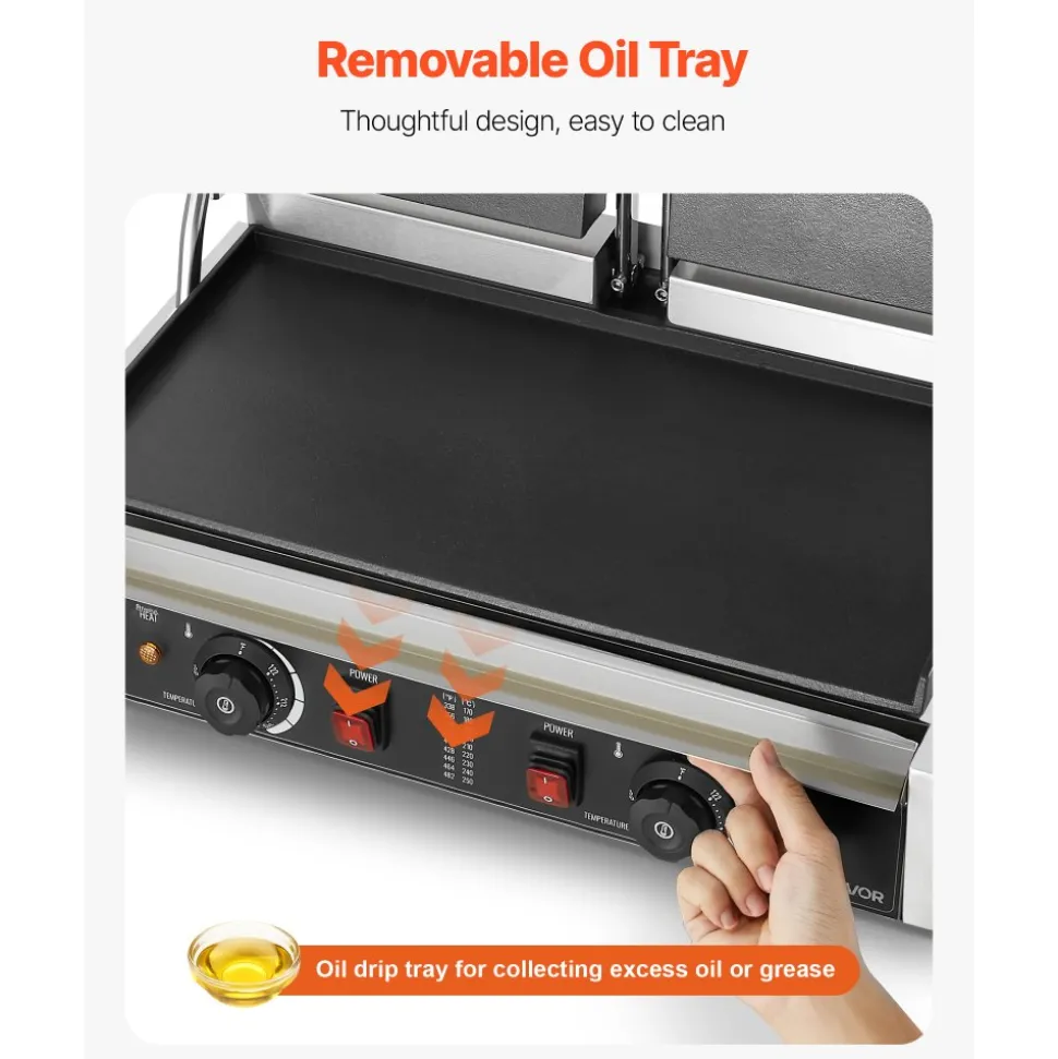 VEVOR Commercial Panini Grill, 3600W Electric Sandwich Panini Maker, Stainless Steel Double Sandwichs Press with Handle and Temp Control, 19x9 in Full Flat Enamel Plate, for Hamburger Steak Bacon