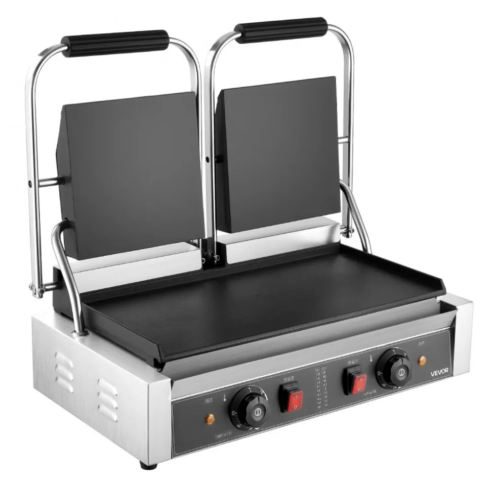 VEVOR Commercial Panini Grill, 3600W Electric Sandwich Panini Maker, Stainless Steel Double Sandwichs Press with Handle and Temp Control, 19x9 in Full Flat Enamel Plate, for Hamburger Steak Bacon