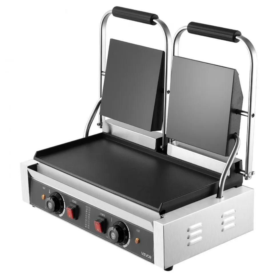 VEVOR Commercial Panini Grill, 3600W Electric Sandwich Panini Maker, Stainless Steel Double Sandwichs Press with Handle and Temp Control, 19x9 in Full Flat Enamel Plate, for Hamburger Steak Bacon