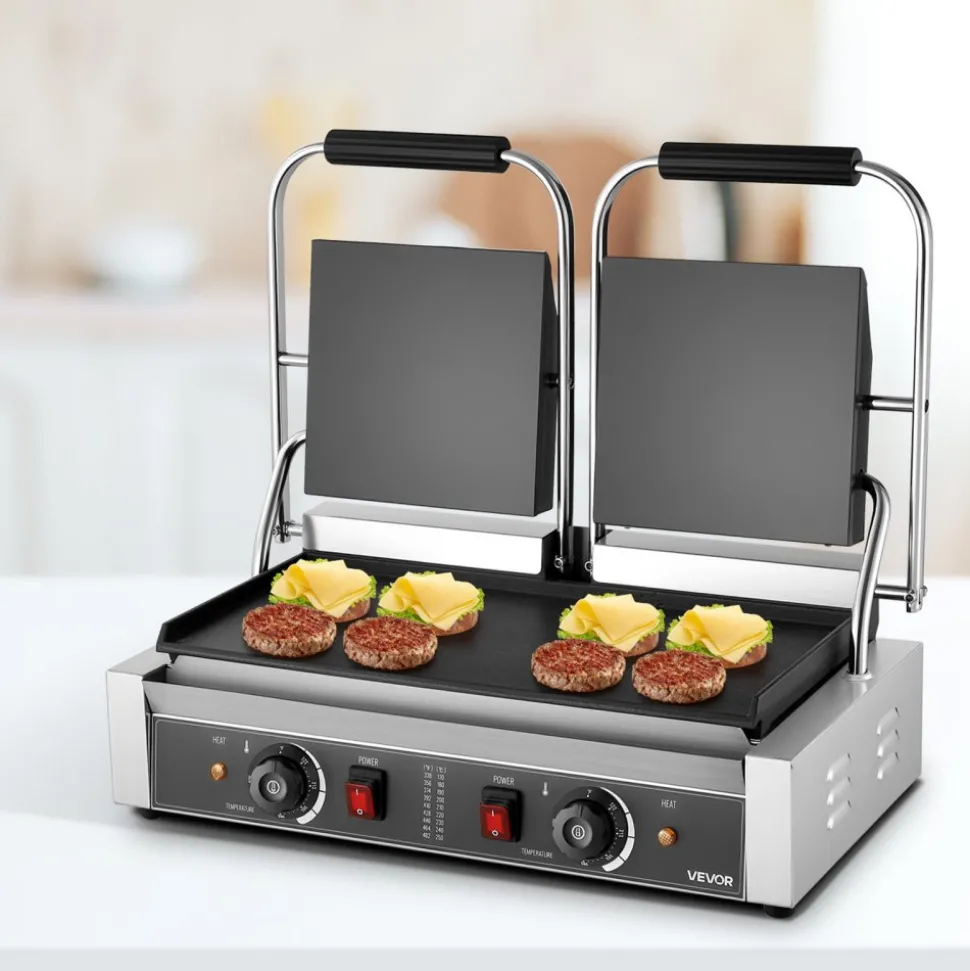 VEVOR Commercial Panini Grill, 3600W Electric Sandwich Panini Maker, Stainless Steel Double Sandwichs Press with Handle and Temp Control, 19x9 in Full Flat Enamel Plate, for Hamburger Steak Bacon