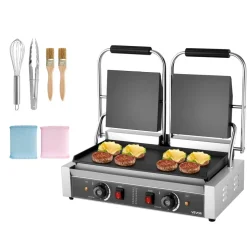 VEVOR Commercial Panini Grill, 3600W Electric Sandwich Panini Maker, Stainless Steel Double Sandwichs Press with Handle and Temp Control, 19x9 in Full Flat Enamel Plate, for Hamburger Steak Bacon