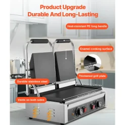 VEVOR Commercial Panini Grill, 3600W Electric Sandwich Panini Maker, Stainless Steel Double Sandwichs Press with Handle and Temp Control, 19x9 in Full Flat Enamel Plate, for Hamburger Steak Bacon