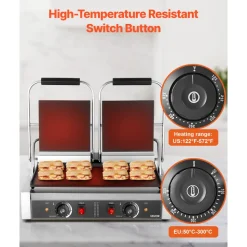 VEVOR Commercial Panini Grill, 3600W Electric Sandwich Panini Maker, Stainless Steel Double Sandwichs Press with Handle and Temp Control, 19x9 in Full Flat Enamel Plate, for Hamburger Steak Bacon