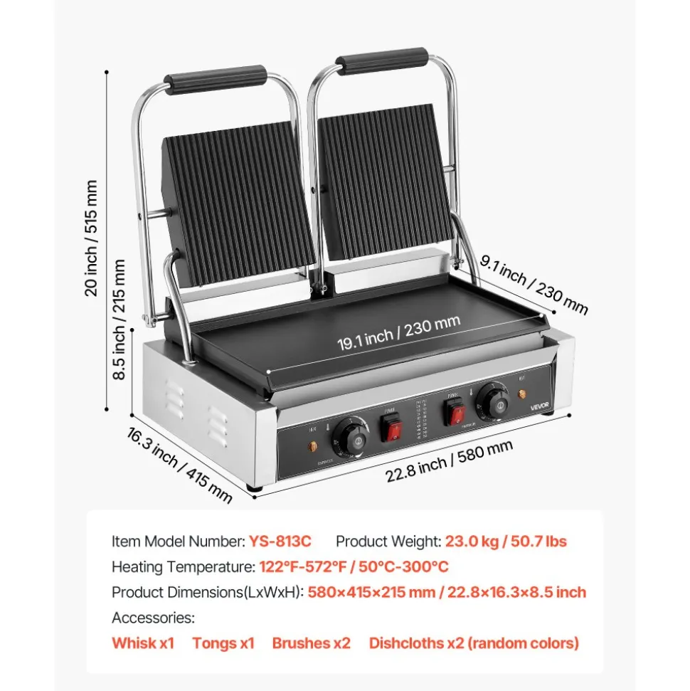 VEVOR Commercial Panini Grill, 3600W Electric Sandwich Panini Maker, Stainless Steel Double Sandwichs Press Grill with Handle and Temp Control, 19x9 in Flat Enamel Plate for Hamburger Steak Bacon