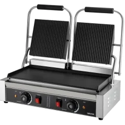 VEVOR Commercial Panini Grill, 3600W Electric Sandwich Panini Maker, Stainless Steel Double Sandwichs Press Grill with Handle and Temp Control, 19x9 in Flat Enamel Plate for Hamburger Steak Bacon