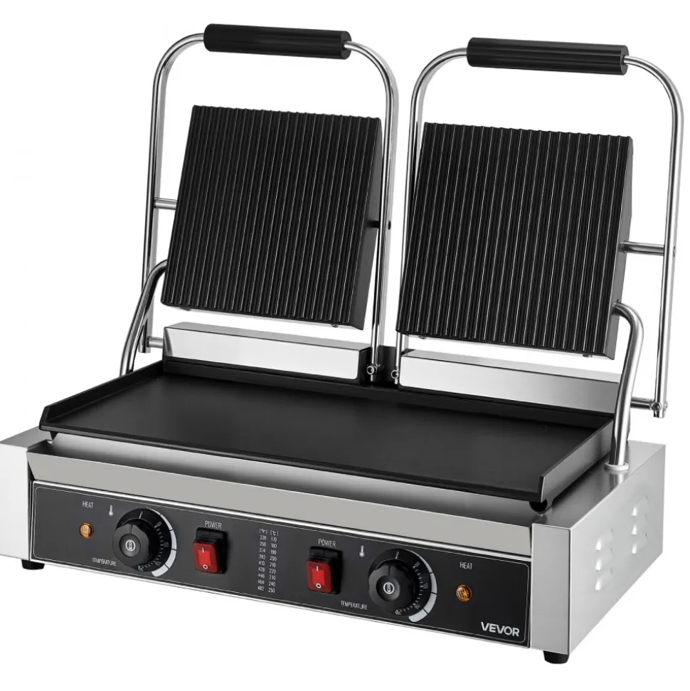 VEVOR Commercial Panini Grill, 3600W Electric Sandwich Panini Maker, Stainless Steel Double Sandwichs Press Grill with Handle and Temp Control, 19x9 in Flat Enamel Plate for Hamburger Steak Bacon