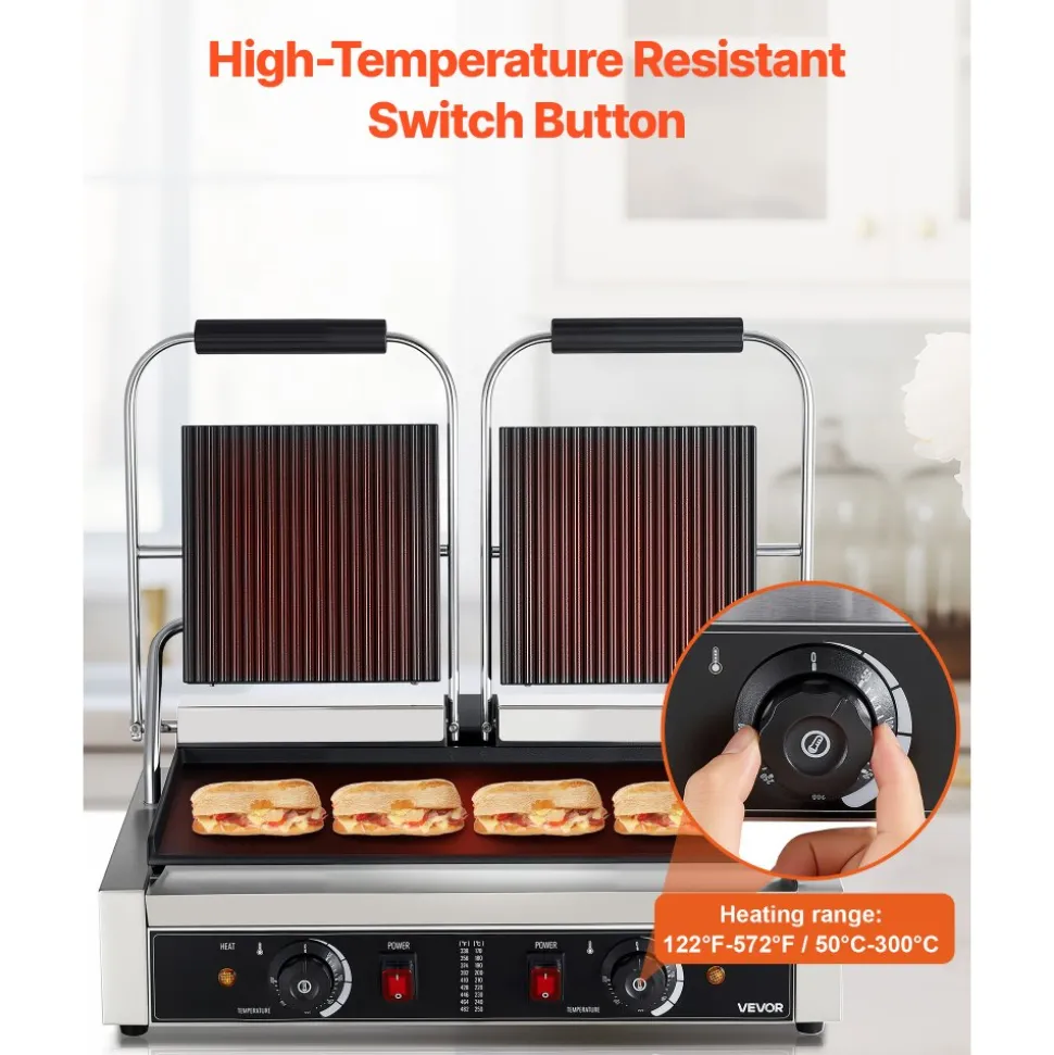 VEVOR Commercial Panini Grill, 3600W Electric Sandwich Panini Maker, Stainless Steel Double Sandwichs Press Grill with Handle and Temp Control, 19x9 in Flat Enamel Plate for Hamburger Steak Bacon