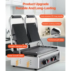 VEVOR Commercial Panini Grill, 3600W Electric Sandwich Panini Maker, Stainless Steel Double Sandwichs Press Grill with Handle and Temp Control, 19x9 in Flat Enamel Plate for Hamburger Steak Bacon