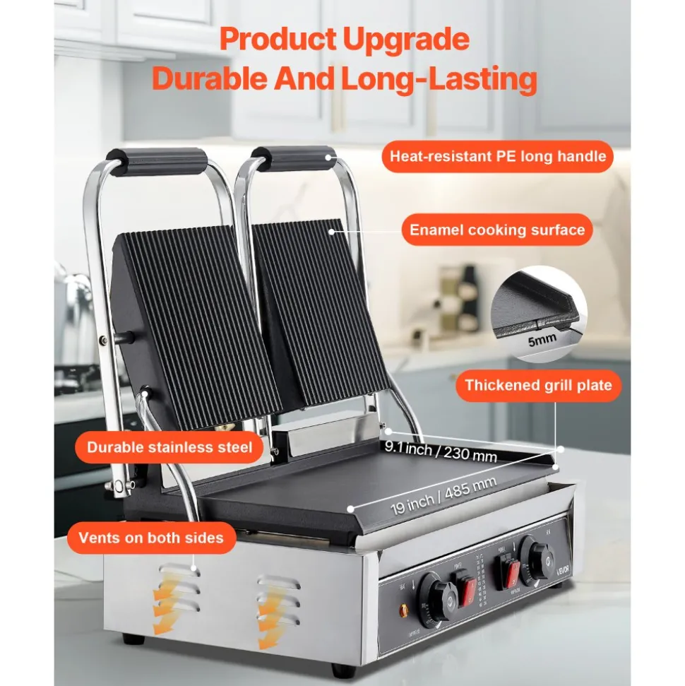 VEVOR Commercial Panini Grill, 3600W Electric Sandwich Panini Maker, Stainless Steel Double Sandwichs Press Grill with Handle and Temp Control, 19x9 in Flat Enamel Plate for Hamburger Steak Bacon