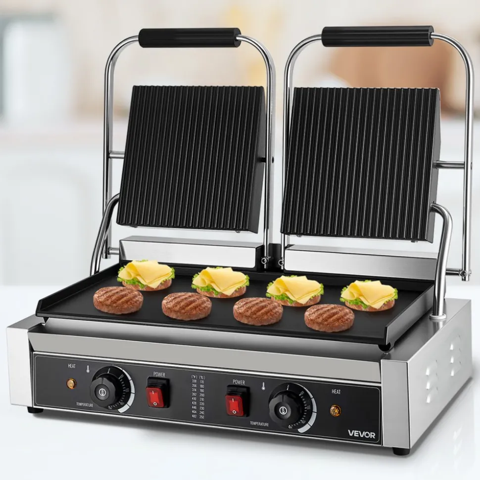 VEVOR Commercial Panini Grill, 3600W Electric Sandwich Panini Maker, Stainless Steel Double Sandwichs Press Grill with Handle and Temp Control, 19x9 in Flat Enamel Plate for Hamburger Steak Bacon