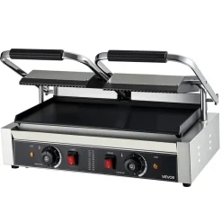 VEVOR Commercial Panini Grill, 3600W Electric Sandwich Panini Maker, Stainless Steel Double Sandwichs Press Grill with Handle and Temp Control, 19x9 in Flat Enamel Plate for Hamburger Steak Bacon