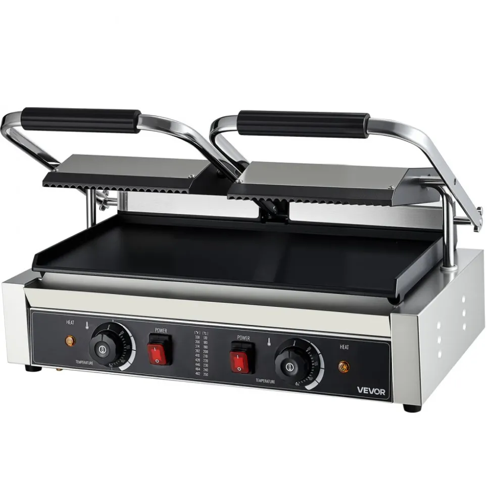 VEVOR Commercial Panini Grill, 3600W Electric Sandwich Panini Maker, Stainless Steel Double Sandwichs Press Grill with Handle and Temp Control, 19x9 in Flat Enamel Plate for Hamburger Steak Bacon