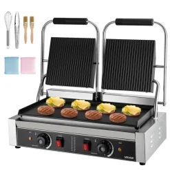 VEVOR Commercial Panini Grill, 3600W Electric Sandwich Panini Maker, Stainless Steel Double Sandwichs Press Grill with Handle and Temp Control, 19x9 in Flat Enamel Plate for Hamburger Steak Bacon