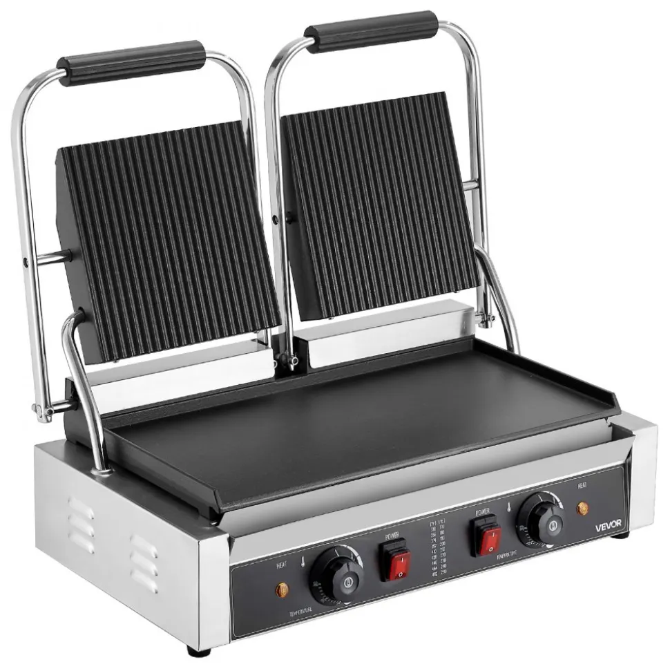 VEVOR Commercial Panini Grill, 3600W Electric Sandwich Panini Maker, Stainless Steel Double Sandwichs Press Grill with Handle and Temp Control, 19x9 in Flat Enamel Plate for Hamburger Steak Bacon