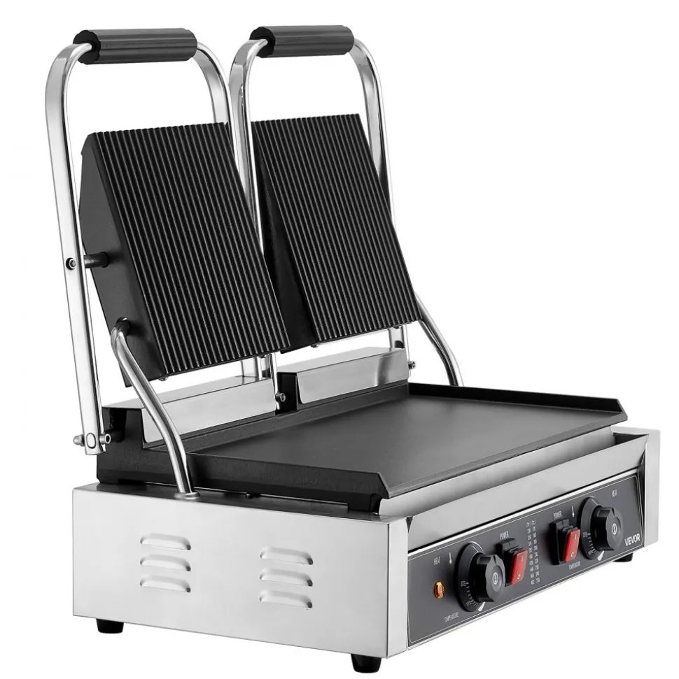 VEVOR Commercial Panini Grill, 3600W Electric Sandwich Panini Maker, Stainless Steel Double Sandwichs Press Grill with Handle and Temp Control, 19x9 in Flat Enamel Plate for Hamburger Steak Bacon