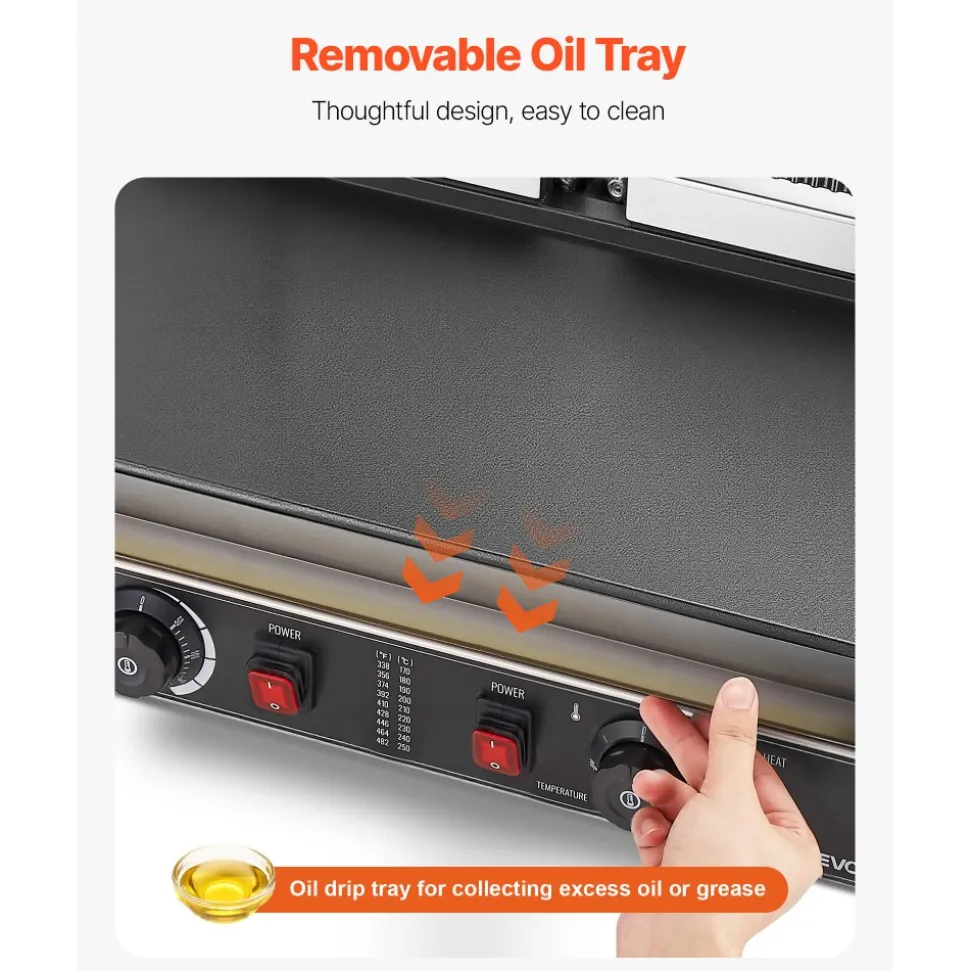 VEVOR Commercial Panini Grill, 3600W Electric Sandwich Panini Maker, Stainless Steel Double Sandwichs Press Grill with Handle and Temp Control, 19x9 in Flat Enamel Plate for Hamburger Steak Bacon