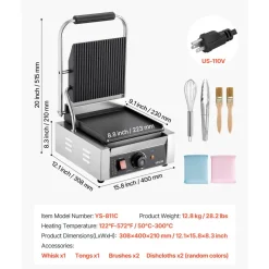 VEVOR Commercial Panini Grill, 1800W Electric Sandwich Panini Maker, Stainless Steel Sandwichs Press Grill with Handle and Temp Control, 8.8x9 in Flat Enamel Plate, for Hamburger Steak Bacon