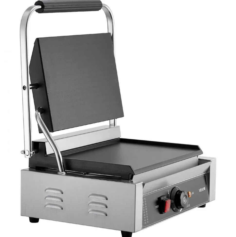 VEVOR Commercial Panini Grill, 1800W Electric Sandwich Panini Maker, Stainless Steel Sandwichs Press Grill with Handle and Temp Control, 13.5x9.3 in Full Flat Enamel Plate, for Hamburger Steak Bacon