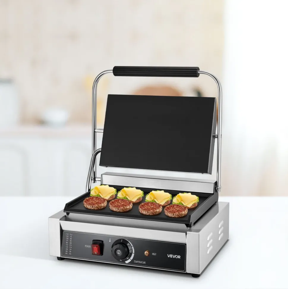 VEVOR Commercial Panini Grill, 1800W Electric Sandwich Panini Maker, Stainless Steel Sandwichs Press Grill with Handle and Temp Control, 13.5x9.3 in Full Flat Enamel Plate, for Hamburger Steak Bacon
