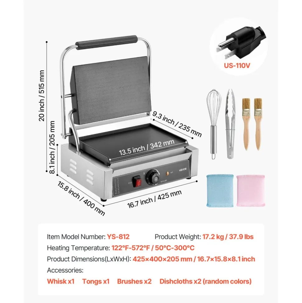 VEVOR Commercial Panini Grill, 1800W Electric Sandwich Panini Maker, Stainless Steel Sandwichs Press Grill with Handle and Temp Control, 13.5x9.3 in Full Flat Enamel Plate, for Hamburger Steak Bacon