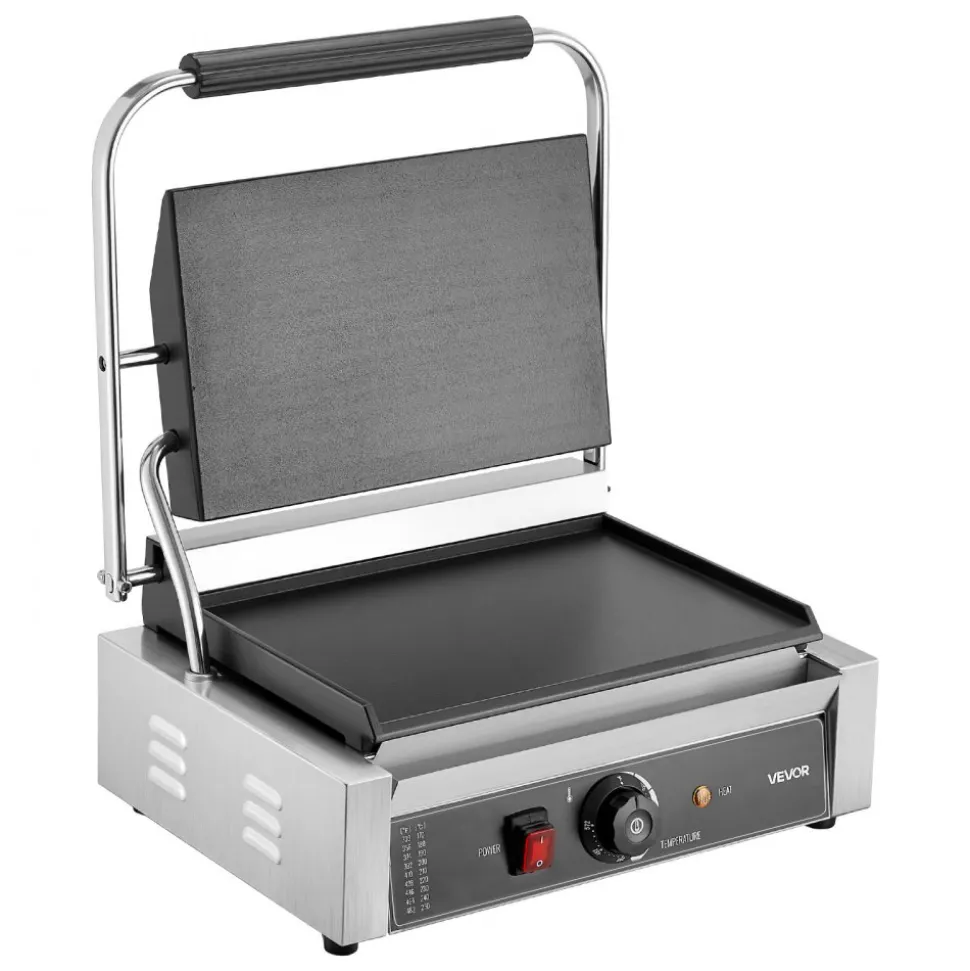 VEVOR Commercial Panini Grill, 1800W Electric Sandwich Panini Maker, Stainless Steel Sandwichs Press Grill with Handle and Temp Control, 13.5x9.3 in Full Flat Enamel Plate, for Hamburger Steak Bacon