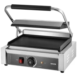 VEVOR Commercial Panini Grill, 1800W Electric Sandwich Panini Maker, Stainless Steel Sandwichs Press Grill with Handle and Temp Control, 13.5x9.3 in Full Flat Enamel Plate, for Hamburger Steak Bacon