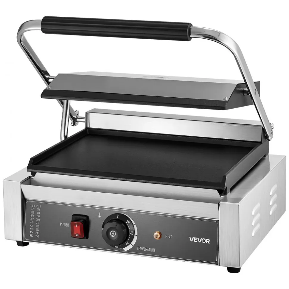 VEVOR Commercial Panini Grill, 1800W Electric Sandwich Panini Maker, Stainless Steel Sandwichs Press Grill with Handle and Temp Control, 13.5x9.3 in Full Flat Enamel Plate, for Hamburger Steak Bacon