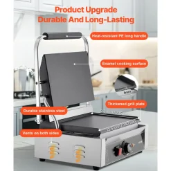 VEVOR Commercial Panini Grill, 1800W Electric Sandwich Panini Maker, Stainless Steel Sandwichs Press Grill with Handle and Temp Control, 13.5x9.3 in Full Flat Enamel Plate, for Hamburger Steak Bacon